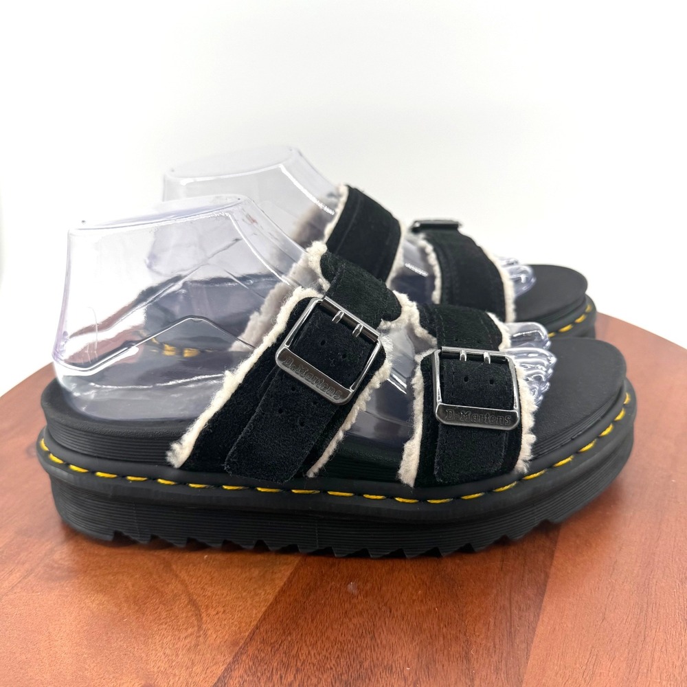 Dr. Martens Myles Suede Faux Shearling Lined Sandal Black Platform Slide Women 8